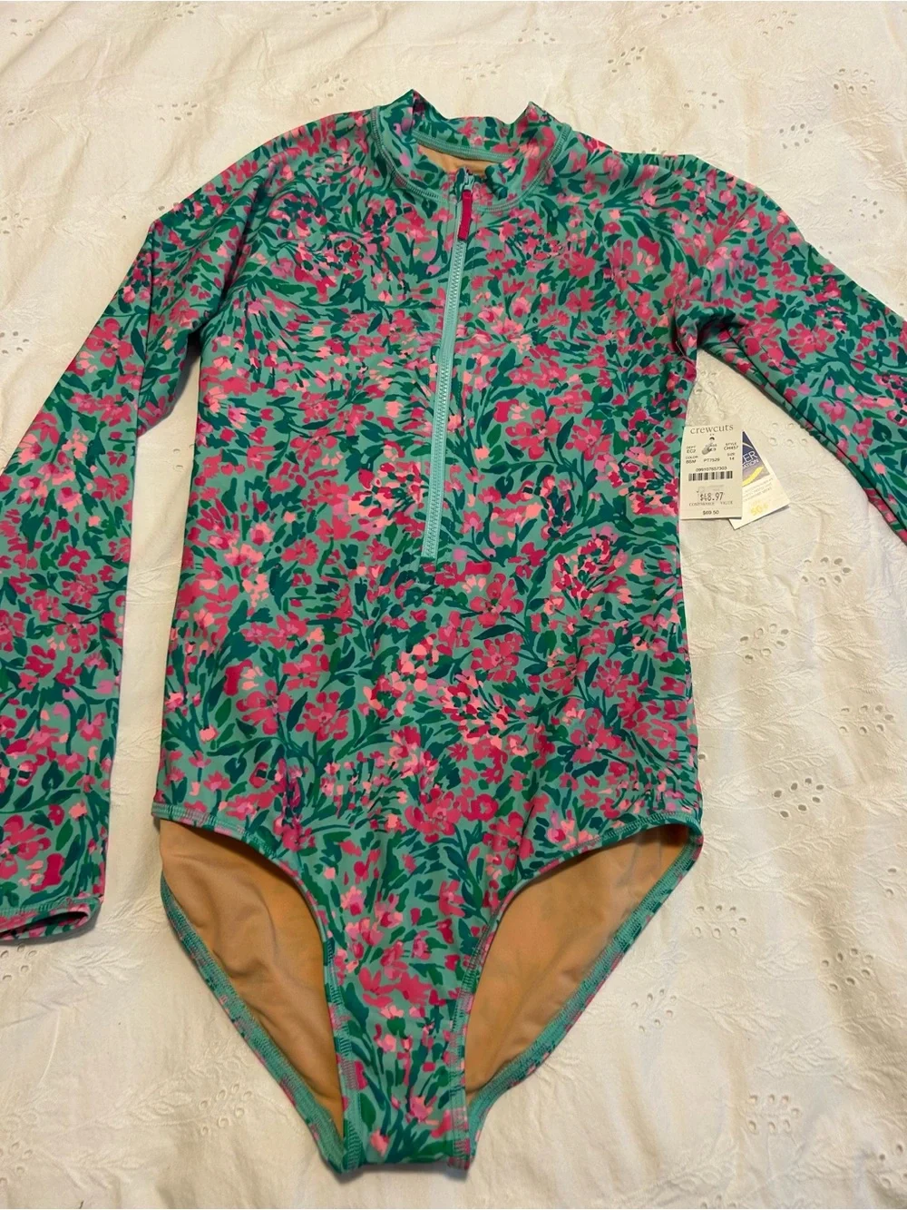2 Long-Sleeve Floral Rash Guard Swimsuit - Pink & Teal. Age 14 or Adult S/XS